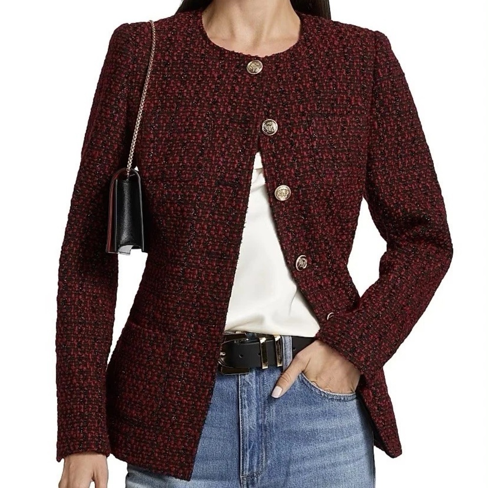 NEW CAMI NYC wrenley wool blend tweed button blazer jacket in red medium